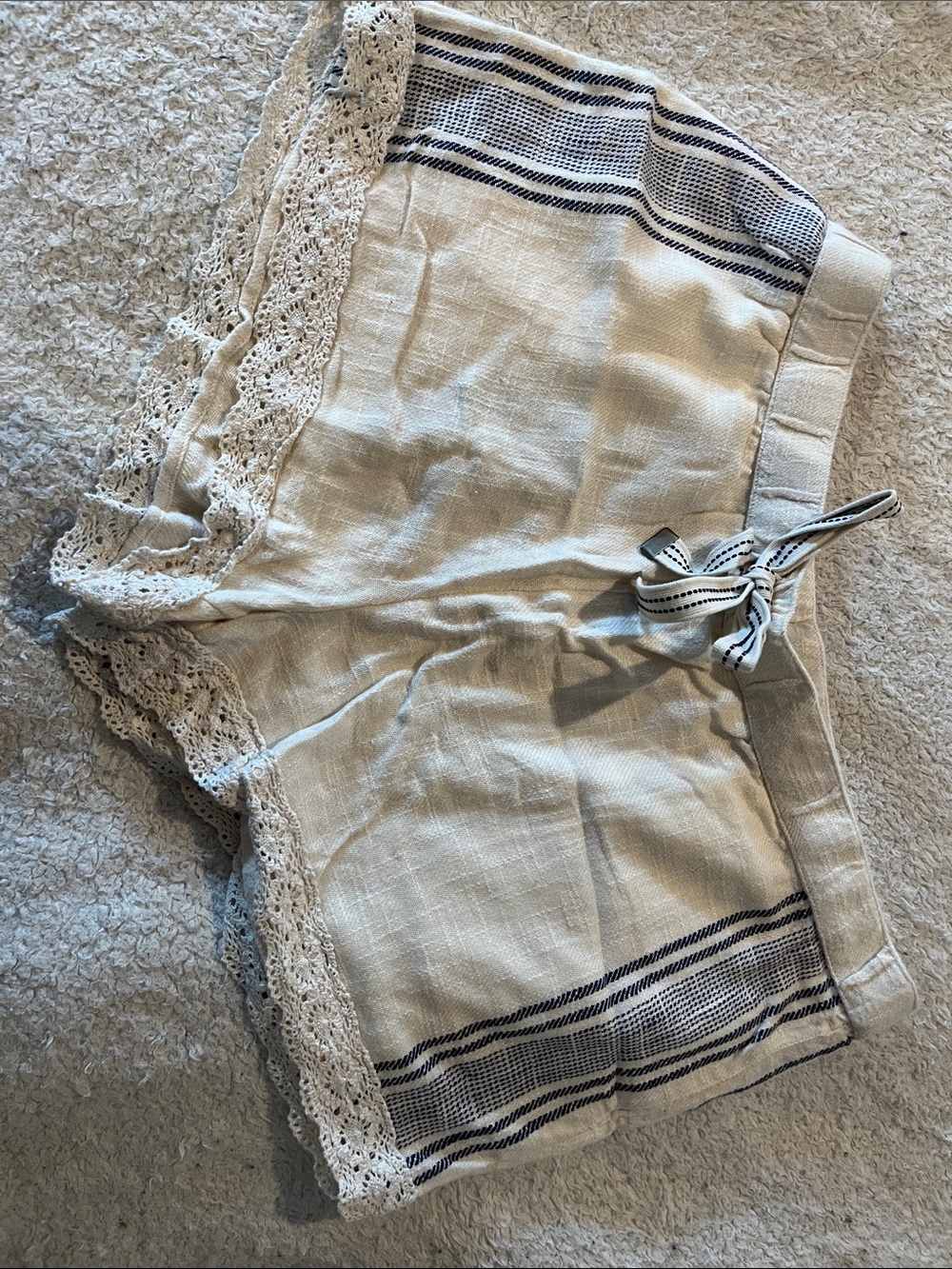 aerie Cream Lace-Trim Sleep Shorts with Navy Stripe Detail